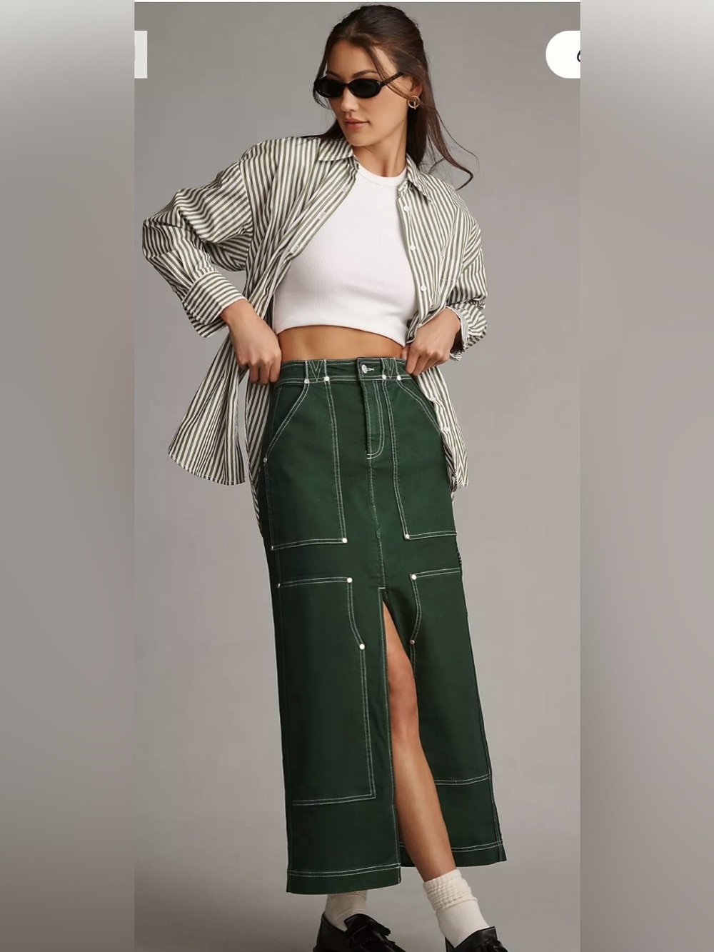 Anthropologie Pilcro Dark Green Carpenter Maxi Skirt 6 Contrast Stitching